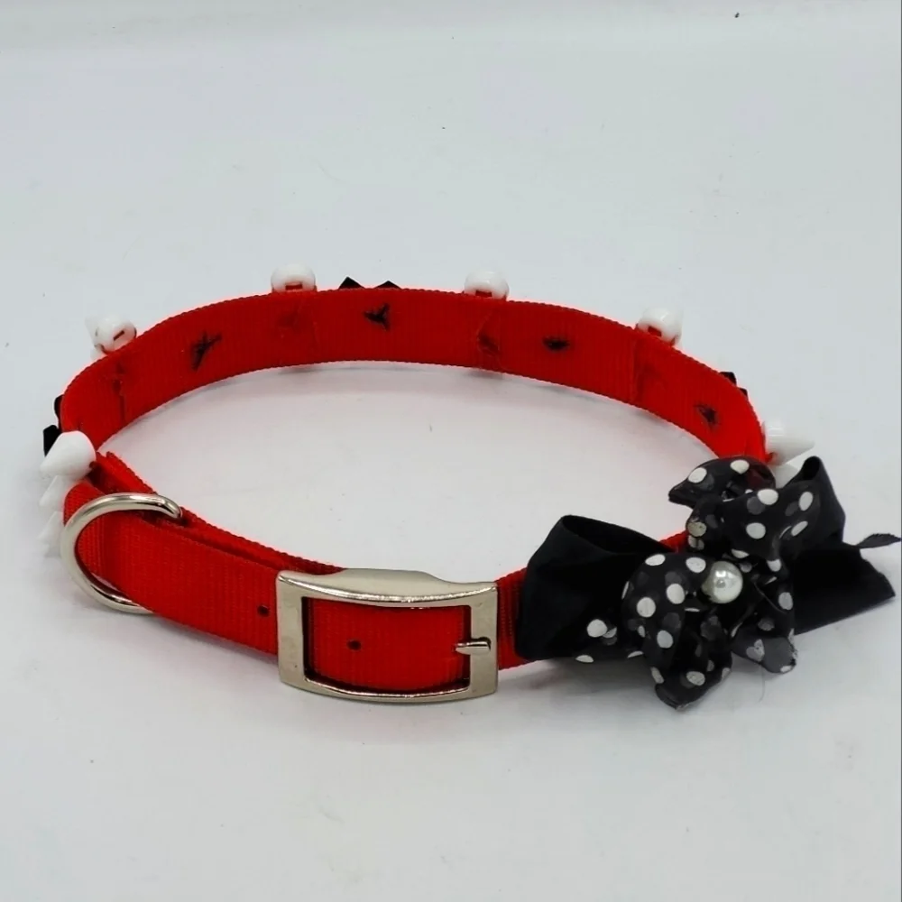 Dog Collar Black Red White Bow Pearls and Spikes